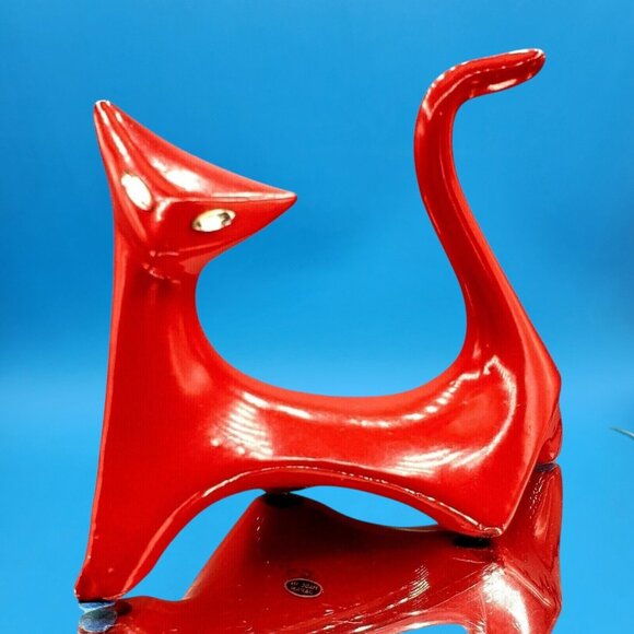 Mid Century Modern Cubist Cat Figurine Red w/ Jewel Eyes Japan 1950s Modernist - Picture 2 of 10